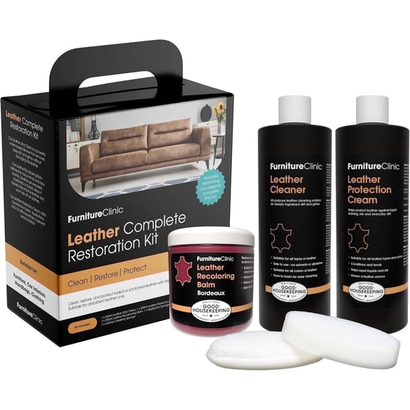 Furniture Clinic Leather Complete Restoration Kit | with Leather Recoloring Balm, Cleaner, 2-in-1 Protection Cream & Conditioner, Sponge, and Cloth | Repair Kit for Furniture (Bordeaux)