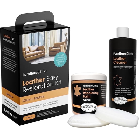Furniture Clinic Leather Easy Restoration Kit | with Leather Recoloring Balm, Cleaner, Sponge, and Cloth | Leather Repair Kit for Scratched and Faded Furniture (Camel)