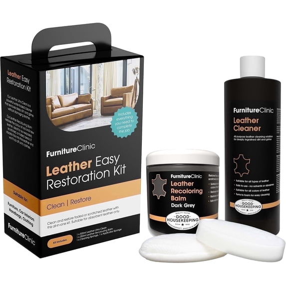 Furniture Clinic Leather Easy Restoration Kit | with Leather Recoloring Balm, Cleaner, Sponge, and Cloth | Leather Repair Kit for Scratched and Faded Furniture (Dark Grey)