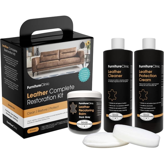 Furniture Clinic Leather Complete Restoration Kit | with Leather Recoloring Balm, Cleaner, 2-in-1 Protection Cream & Conditioner, Sponge, and Cloth | Repair Kit for Furniture (Dark Grey)