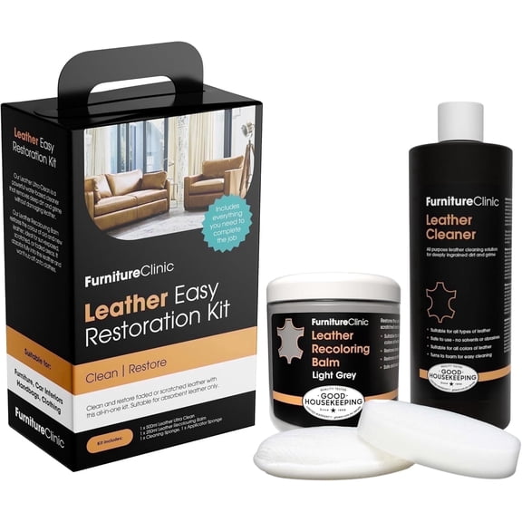 Furniture Clinic Leather Easy Restoration Kit | with Leather Recoloring Balm, Cleaner, Sponge, and Cloth | Leather Repair Kit for Scratched and Faded Furniture (Light Grey)