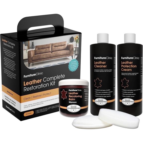 Furniture Clinic Leather Complete Restoration Kit | with Leather Recoloring Balm, Cleaner, 2-in-1 Protection Cream & Conditioner, Sponge, and Cloth | Repair Kit for Furniture (Maroon)