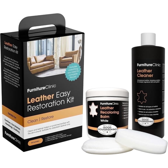 Furniture Clinic Leather Easy Restoration Kit | with Leather Recoloring Balm, Cleaner, Sponge, and Cloth | Leather Repair Kit for Scratched and Faded Furniture (White)