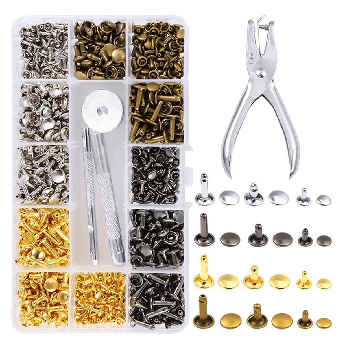 Leather Rivet Kit,180 Sets Double Cap Rivets Tubular,4 Colors 3 Sizes