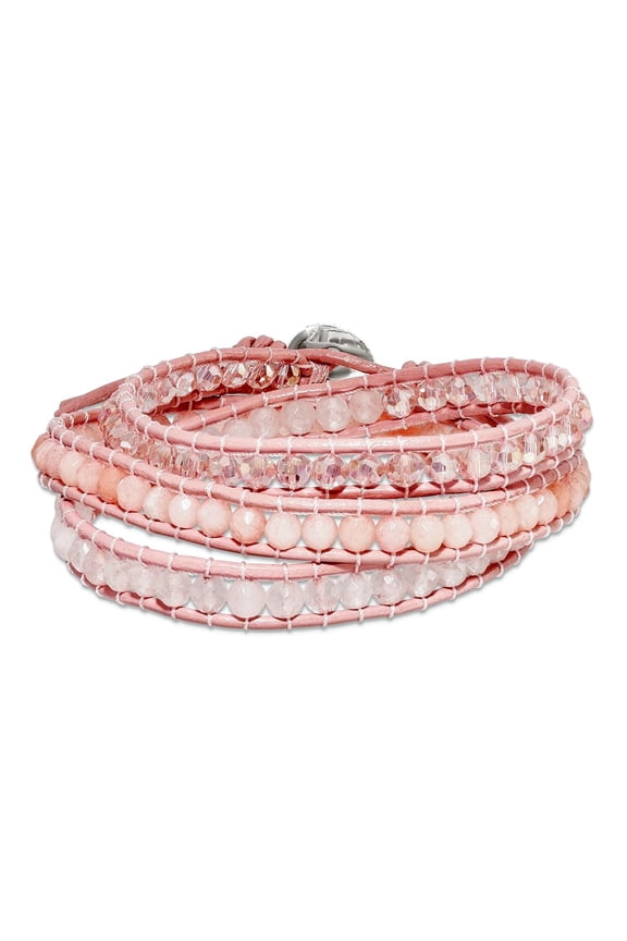 Leather Rose Pink Quartz Crystal Multi Wrap Brass Button Bracelet 7mm Wide Wrap Bracelet for Women