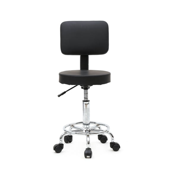 Leather Round Rolling Stool with Wheels, Height Adjustable Swivel Stool with Wide Backrest and Footrest, Multi-Purpose Drafting Spa Bar Salon Tattoo Office Chair, Black