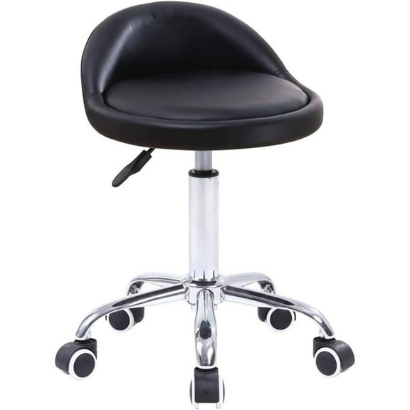 PU Leather Round Rolling Stool with Back Rest Height Adjustable Swivel Drafting Work SPA Task Chair with Wheels Black
