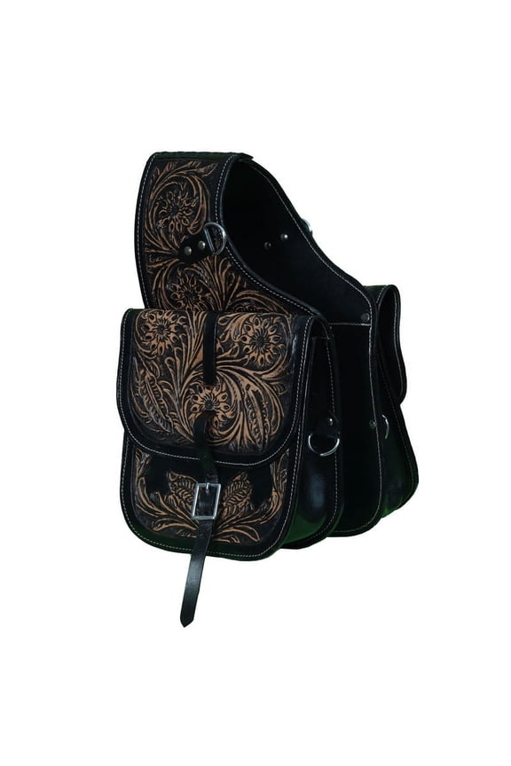 Leather Saddle Bag Black Floral Carved 10x10 size