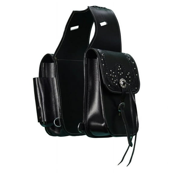 Leather Saddle Bag Black Floral Carved Decorated With Studs 10x10 size