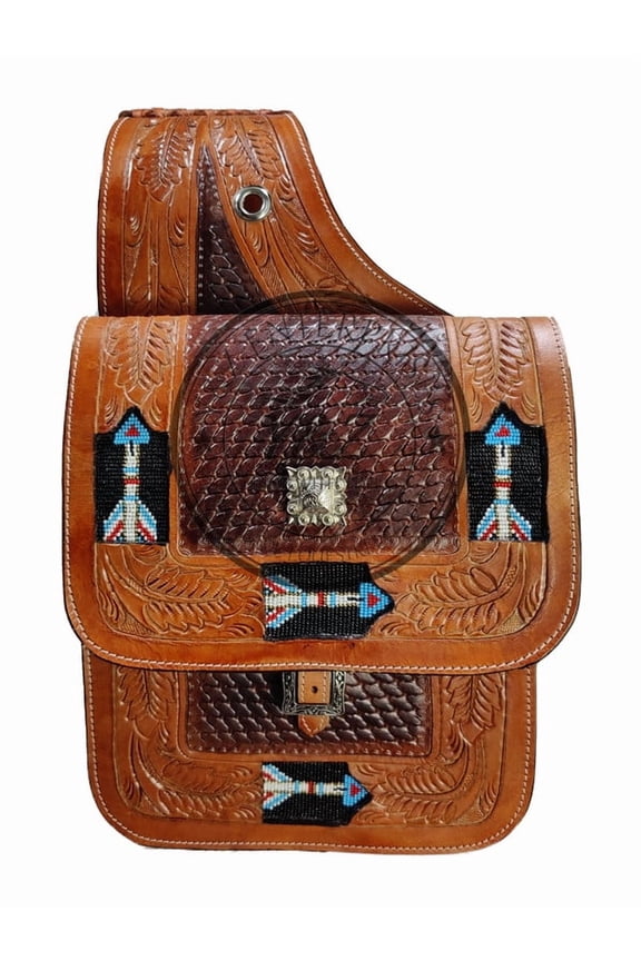 Leather Saddle Bag Brown Beeded Arrow Design Saddle Bag