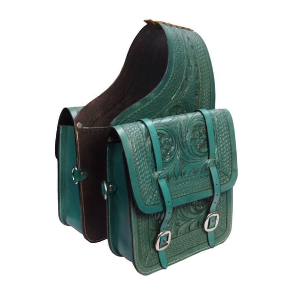 Leather Saddle Bag Brown Floral Carved Two Strap-1
