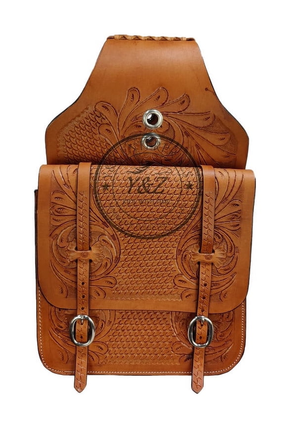 Leather Saddle Bag Brown Floral Tooled Two Strap Saddle Bag
