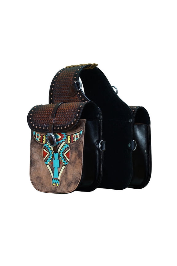 Leather Saddle Bag Brown Single Strap Bull Skull Painted Saddle Bag