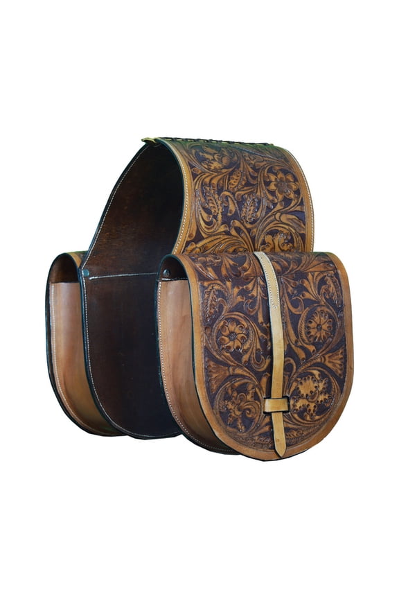 Leather Saddle Bag Brown Single Strap Floral Carving Saddle Bag