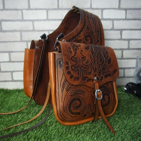 Leather Saddle Bag Brown Single Strap Floral Tooled Leather Saddle Bag