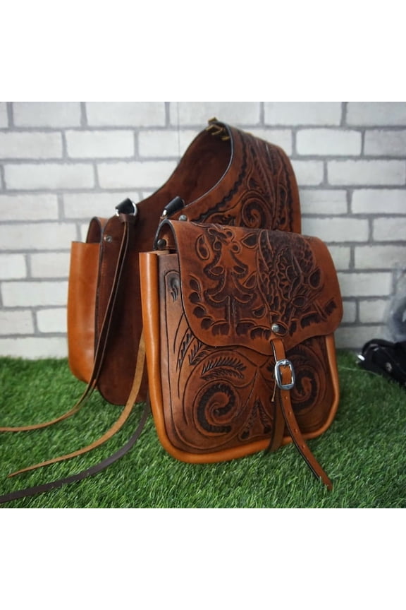 Leather Saddle Bag Brown Single Strap Floral Tooled Leather Saddle Bag