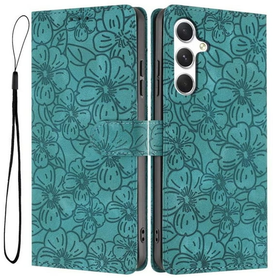 Leather For Samsung Galaxy A15 Case Cherry Blossom Embossed Flip Wallet Leather Case with Card Holder Magnetic Closure Shockproof Kickstand Protective Phone Cases Cover,Green,For Galaxy A15