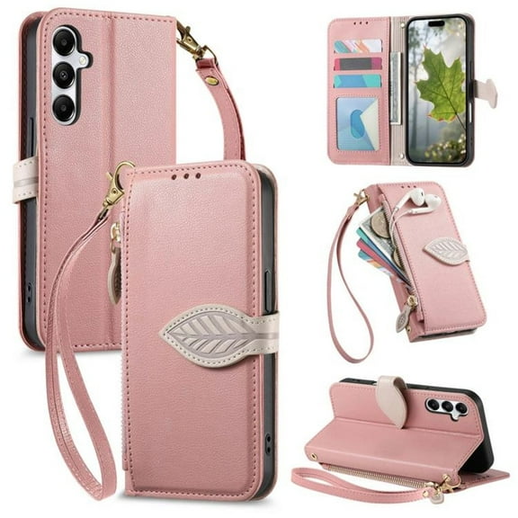 Leather For Samsung Galaxy A17 Case Leaf buckle zipper wallet  3-card  Flip Wallet Leather Case With Card Holder Magnetic Closure  Phone Cases Cover,Pink,For Galaxy A17 4G/5G