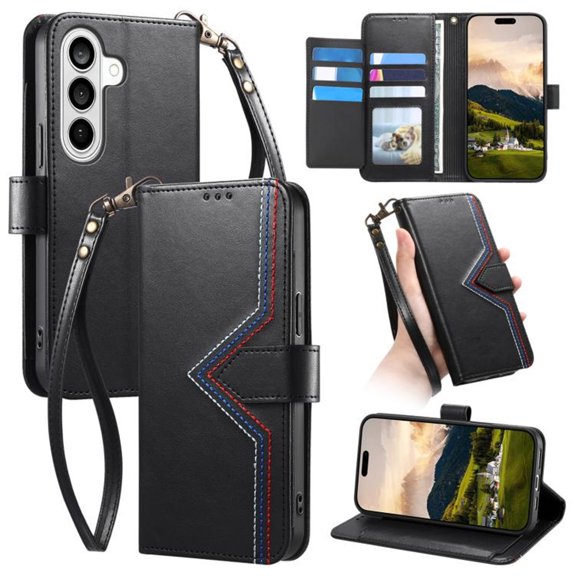 Leather For Samsung Galaxy A27 5G Multi Colored Sewing Thread Wallet Case , With Card Holder,Wristband,Magnetic Clasp Kickstand Folio Cover,Black,For Galaxy A27 5G
