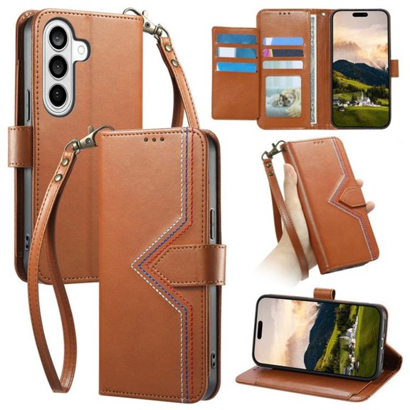 Leather For Samsung Galaxy A35 5G Multi Colored Sewing Thread Wallet Case , With Card Holder,Wristband,Magnetic Clasp Kickstand Folio Cover,Brown,For Galaxy A35 5G