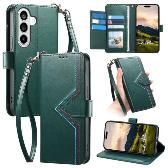 Leather For Samsung Galaxy A35 5G Multi Colored Sewing Thread Wallet Case , With Card Holder,Wristband,Magnetic Clasp Kickstand Folio Cover,Green,For Galaxy A35 5G