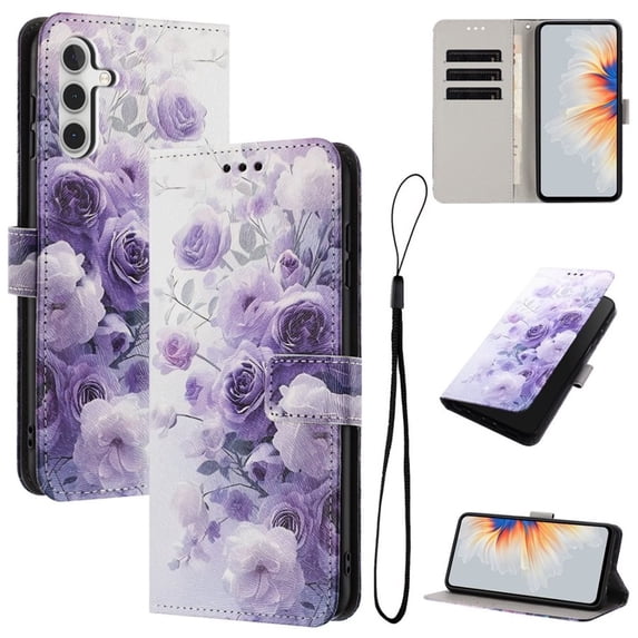 Leather For Samsung Galaxy A36 5G 6.7-inch Wallet Case Embossed Painted Butterflys&Flowers Pattern, With Card Holder,Wristband,Magnetic Clasp Kickstand Folio Cover,Color-5,For Galaxy A36 5G
