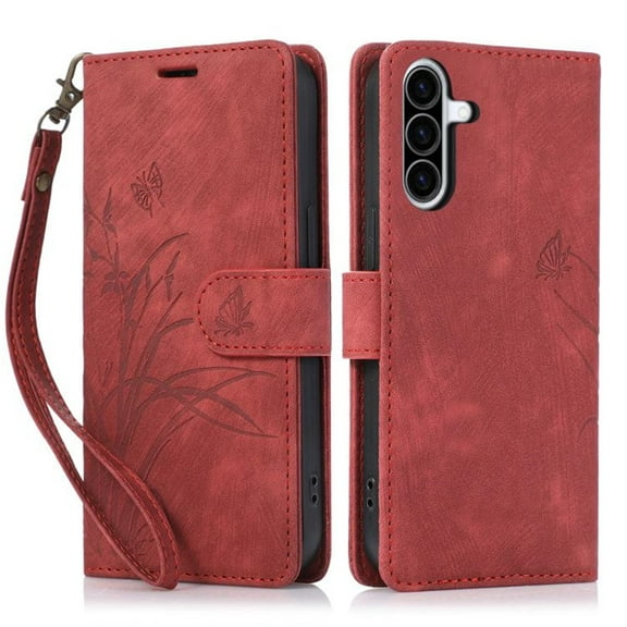 Leather For Samsung Galaxy A36 5G Case Orchids&Butterflies Embossed 3-card  Flip Wallet Leather Case With Card Holder Magnetic Closure  Phone Cases Cover,Red,For Galaxy A36 5G