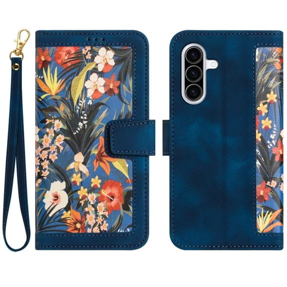 Leather For Samsung Galaxy A37 5G 6.7-inch Floral Printed Wallet Case, With Card Holder,Wristband,Magnetic Clasp Kickstand Folio Cover,Dark Blue,For Galaxy A37 5G