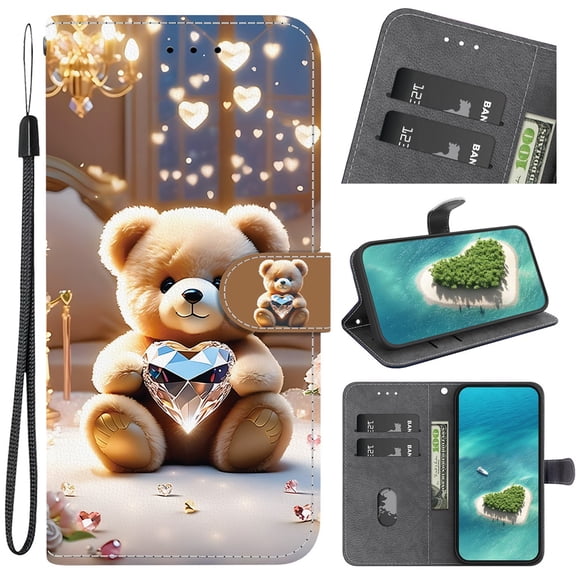 Leather For Samsung Galaxy A37 5G / A36 5G Wallet Case Crystal Material Painted Animal&Flowers&Hearts Pattern, Wallet For Women Men Card Holder Magnetic Clasp Kickstand Folio Case With Hand Strap
