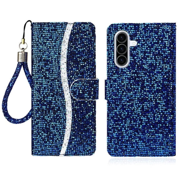 Leather For Samsung Galaxy A37 5G Case 6.7",Glitter Sparkly Bling Flip Wallet Leather Case With Card Holder Shockproof Kickstand Protective Phone Cases Cover,Blue,For Galaxy A37(5G)