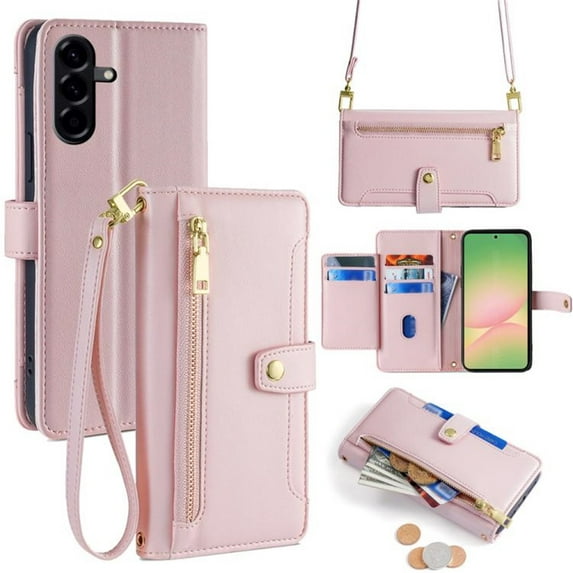 Leather for Samsung Galaxy A56 5G 6.7" Case with 6-Card Holder Zipper Bills Slot, Soft Sheepskin Shoulder Wrist Strap Wallet Case Women,Pink,For Galaxy A56 5G