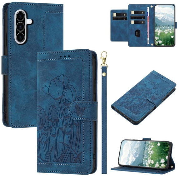 Leather For Samsung Galaxy A57 5G Case Orchids&Butterflies Embossed 5-card Flip Wallet Leather Case With Card Holder Magnetic Closure Phone Cases Cover With Hand Strap,Blue,For Galaxy A57 5G