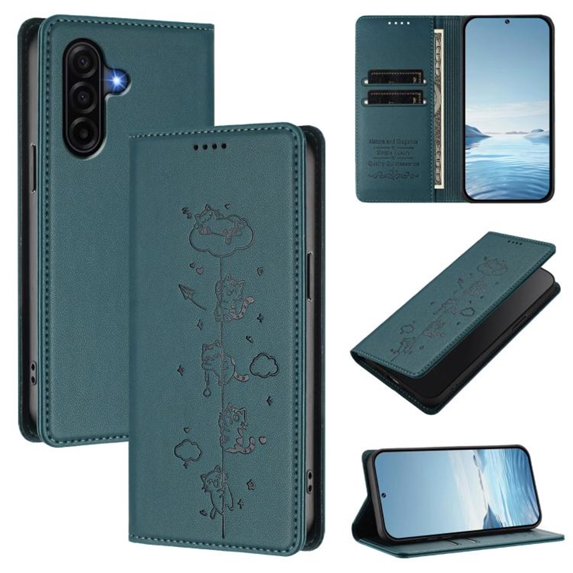 Leather For Samsung Galaxy A57 5G, RFID Blocking Protection, Playful Cats Embossed Flip Wallet Leather Case With Card Holder Magnetic Closure Phone Cases Cover,Dark green,For Galaxy A57 5G