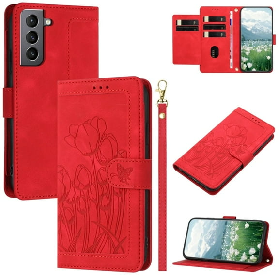 Leather For Samsung Galaxy S21 5G Case Tulip Embossed 5-card  Flip Wallet Leather Case with Card Holder Magnetic Closure  Phone Cases Cover,Red,For Galaxy S21 5G