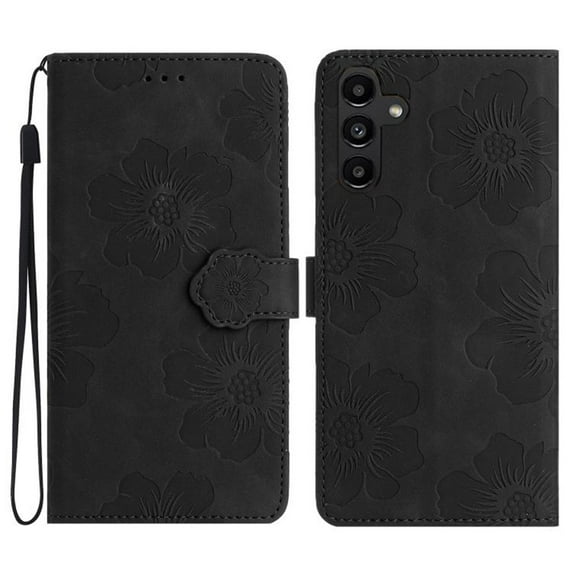 Leather For Samsung Galaxy S24 5G Case Flower Embossed 3-card Flip Wallet Leather Case with Card Holder Magnetic Closure ,Detachable Wrist Strap,Shockproof Phone Cases Cover,Black,For Galaxy S24 5G