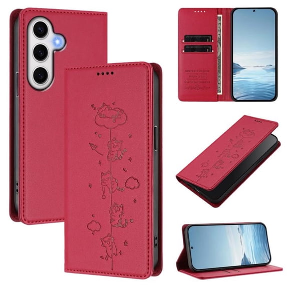 Leather For Samsung Galaxy S24 FE 5G, RFID Blocking Protection, Playful Cats Embossed Flip Wallet Leather Case With Card Holder Magnetic Closure Phone Cases Cover,Red,For Galaxy S24 FE 5G