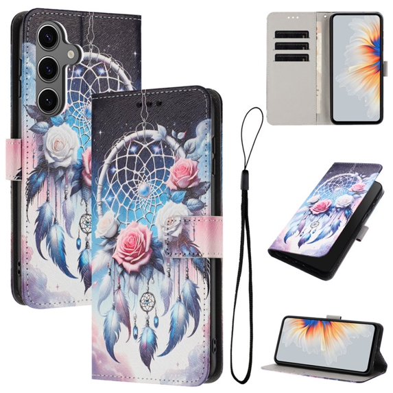 Leather For Samsung Galaxy S25 FE 5G 6.7-inch Wallet Case Embossed Painted Butterflys&Flowers Pattern, With Card Holder,Wristband,Magnetic Clasp Kickstand Folio Cover,Color-8,For Galaxy S25 FE 5G