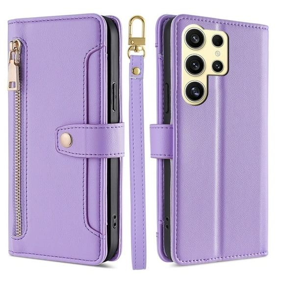 Leather for Samsung Galaxy S25 Ultra 5G 6.9" Case with 6-Card Holder Zipper Bills Slot, Soft Sheepskin Shoulder Wrist Strap Wallet Case Women,Purple,For Galaxy S25 Ultra 5G