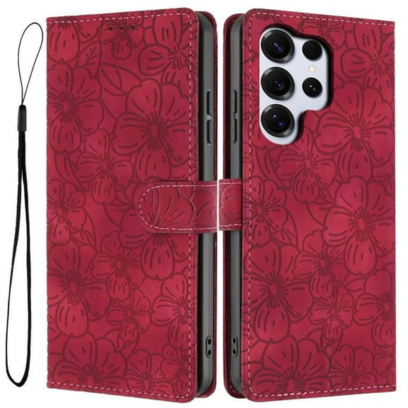 Leather For Samsung Galaxy S26 Ultra 5G Case Cherry Blossom Embossed Flip Wallet Leather Case with Card Holder Magnetic Closure Shockproof Kickstand Protective Phone Cases Cover,Red