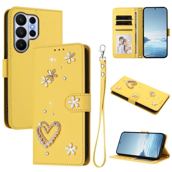 Leather For Samsung Galaxy S26 Ultra 5G Case Double Layered Heart-shaped Flower Flip Wallet Leather Case, Card Holder Magnetic Closure Phone Cases Cover With Hand Strap,Yellow