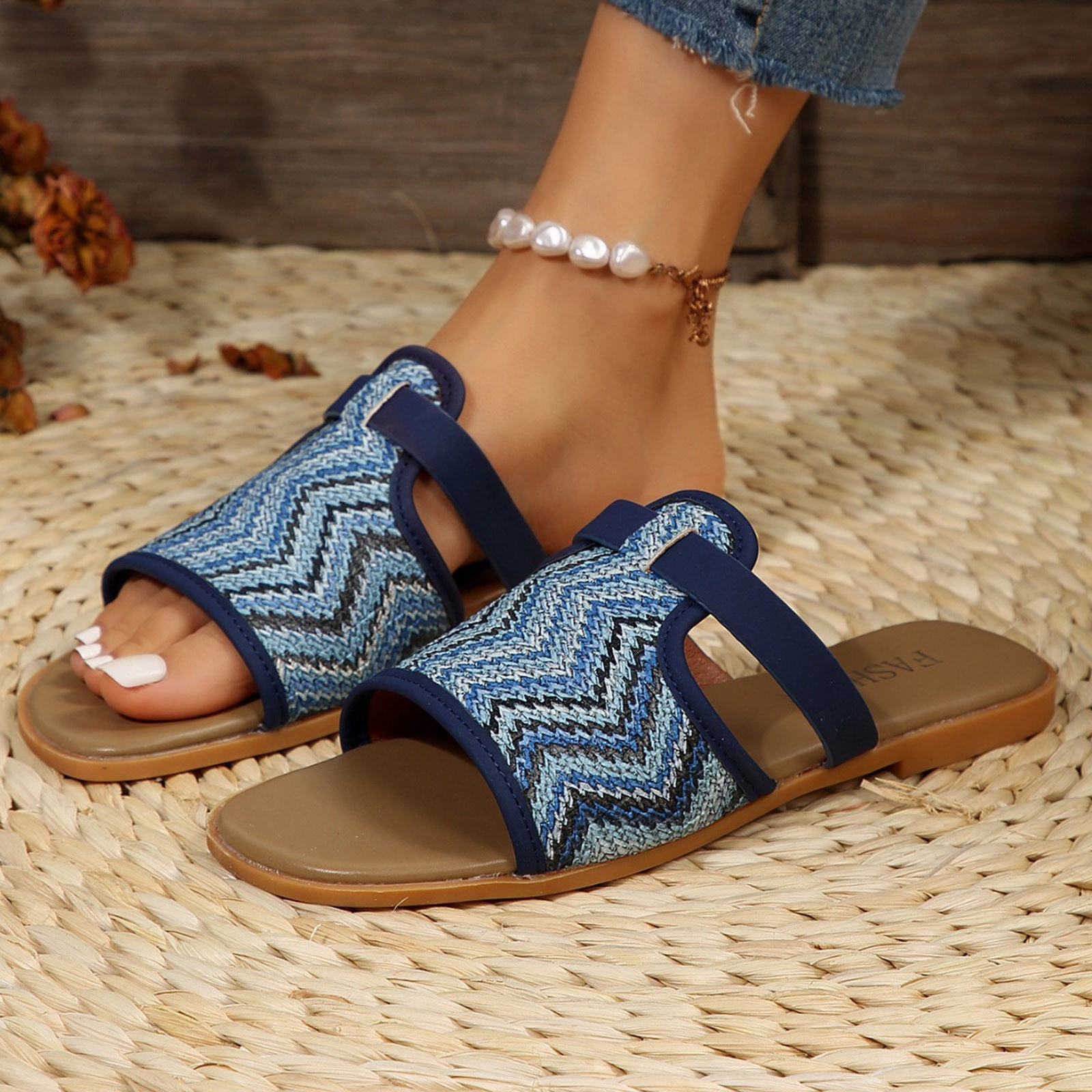 Leather Sandals Bohemian Ladies Sandal Slippers Wide Fit Low Wedge Open ...