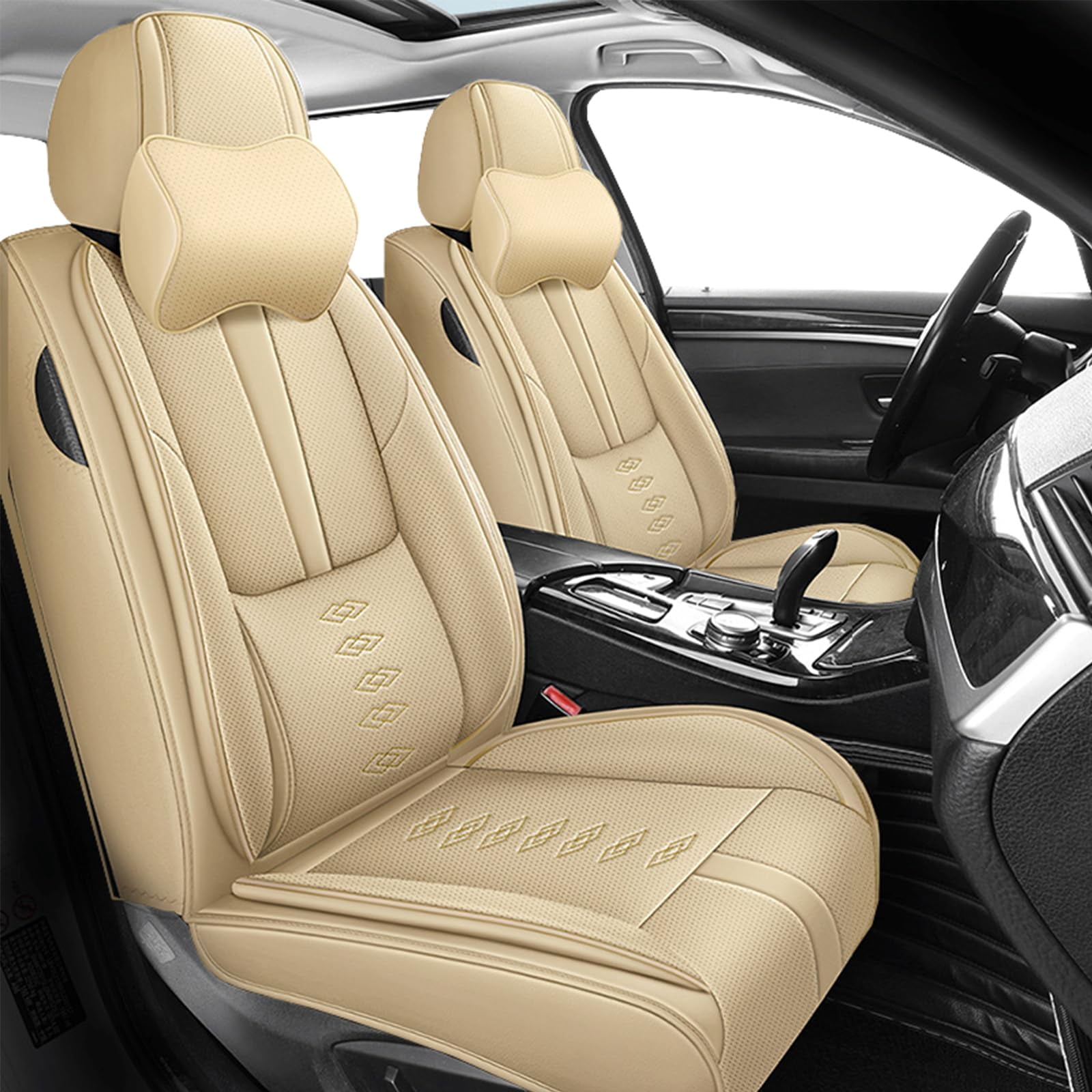 Leather Seat Covers for Honda Most 98% Cars SUVs,Car Seat Covers Front Set,Waterproof Car Seat Protectors with Airbag,Comfort Interior Cover Seats for Cars(Beige,Pillows)