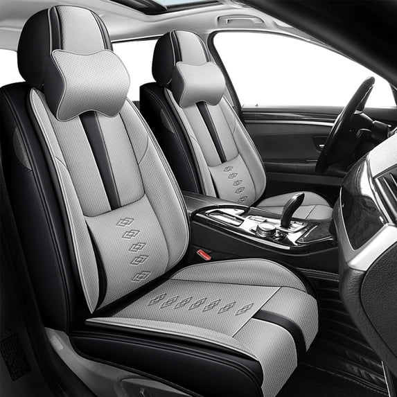 Leather Seat Covers for Chevy Most 98% Cars SUVs,Car Seat Covers Front Set,Waterproof Car Seat Protectors with Airbag,Comfort Interior Cover Seats for Cars(Black+Grey,Pillows)
