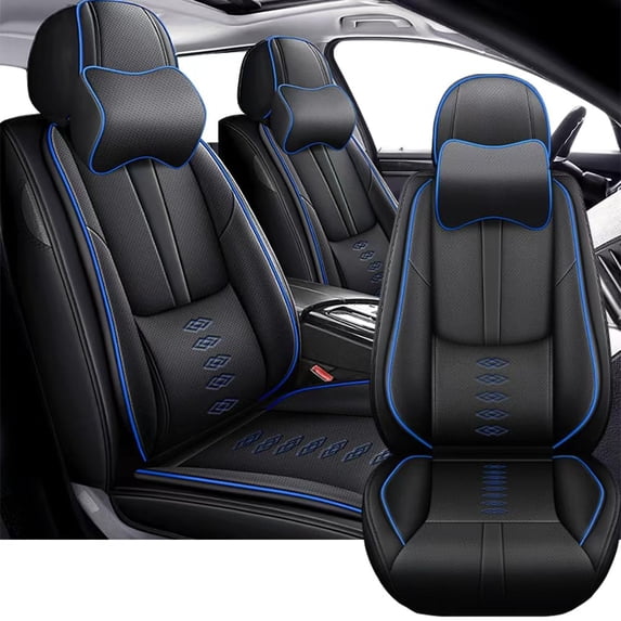 Leather Seat Covers Fit for Jeep 96% Models,Car Seat Covers Front Set,Waterproof Car Seat Cushions with Airbag,Seat Cover for Cars(Black+Blue,Pillows)