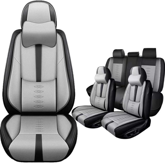 Leather Seat Covers Fit for Jeep 98% Car Models,Car Seat Covers Full Set,Waterproof Car Seat Cushions with Airbag,Automotive Interior Accessories(Black+Grey,Pillows)