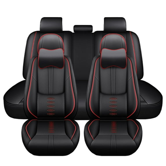 Leather Seat Covers for Ford Most 98% Cars SUVs,Car Seat Covers Full Set,Waterproof Car Seat Protectors with Airbag,Comfort Interior Cover Seats for Cars(Black+Red,Pillows)
