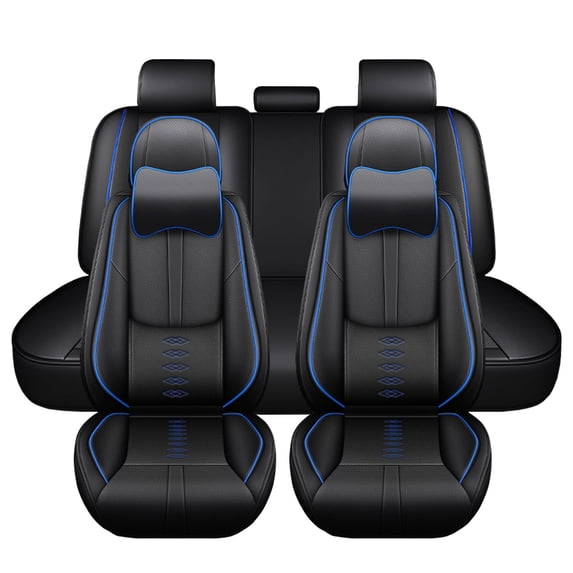 Leather Seat Covers for Honda 96% Models,Car Seat Covers Full Set,Waterproof Car Seat Protectors with Airbag,Interior Cover Seats for Cars(Black+Blue,Pillows)