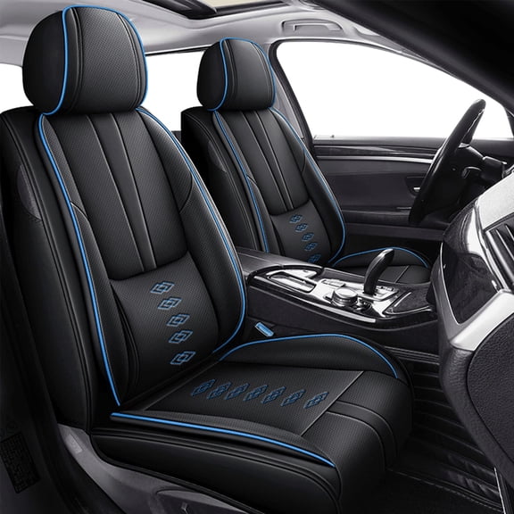 Leather Seat Covers for Jeep Most 98% Cars SUVs,Premium Car Seat Covers Front Set,Waterproof Car Seat Protectors with Airbag,Comfort Interior Cover Seats for Cars(Black+Blue)