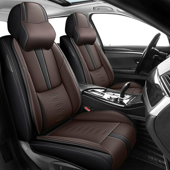 Leather Seat Covers for KIA Most 98% Cars SUVs,Car Seat Covers Front Set,Waterproof Car Seat Protectors with Airbag,Breathable Interior Cover Seats for Cars(Black+Brown,Pillows)