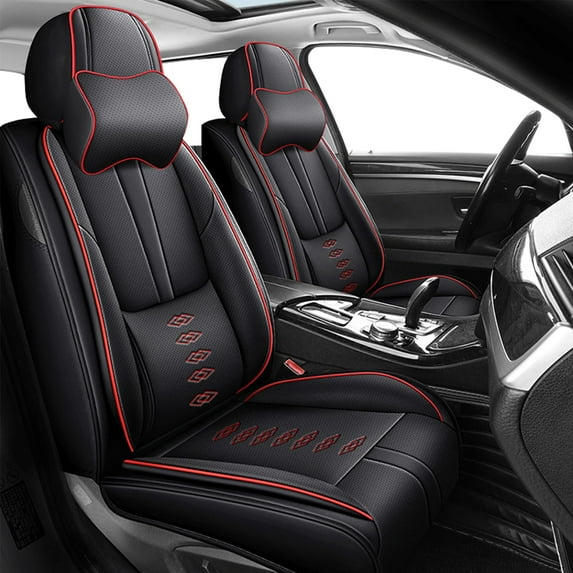 Leather Seat Covers for Kia Most 98% Cars SUVs,Car Seat Covers Front Set,Waterproof Car Seat Protectors with Airbag,Comfort Interior Cover Seats for Cars(Black+Red,Pillows)